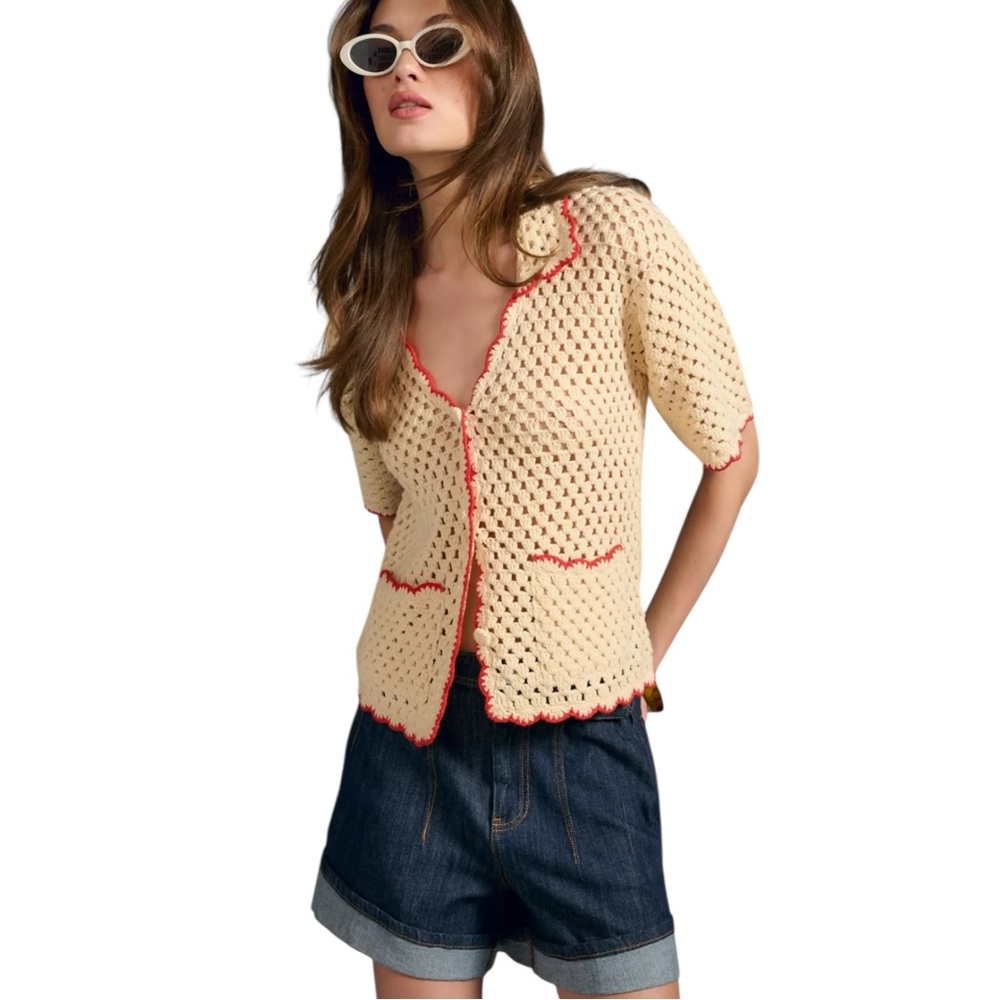 Greylin Crotchet Scalloped Polo Cardigan‎ Sweater Sz XS Boho Beachy Preppy